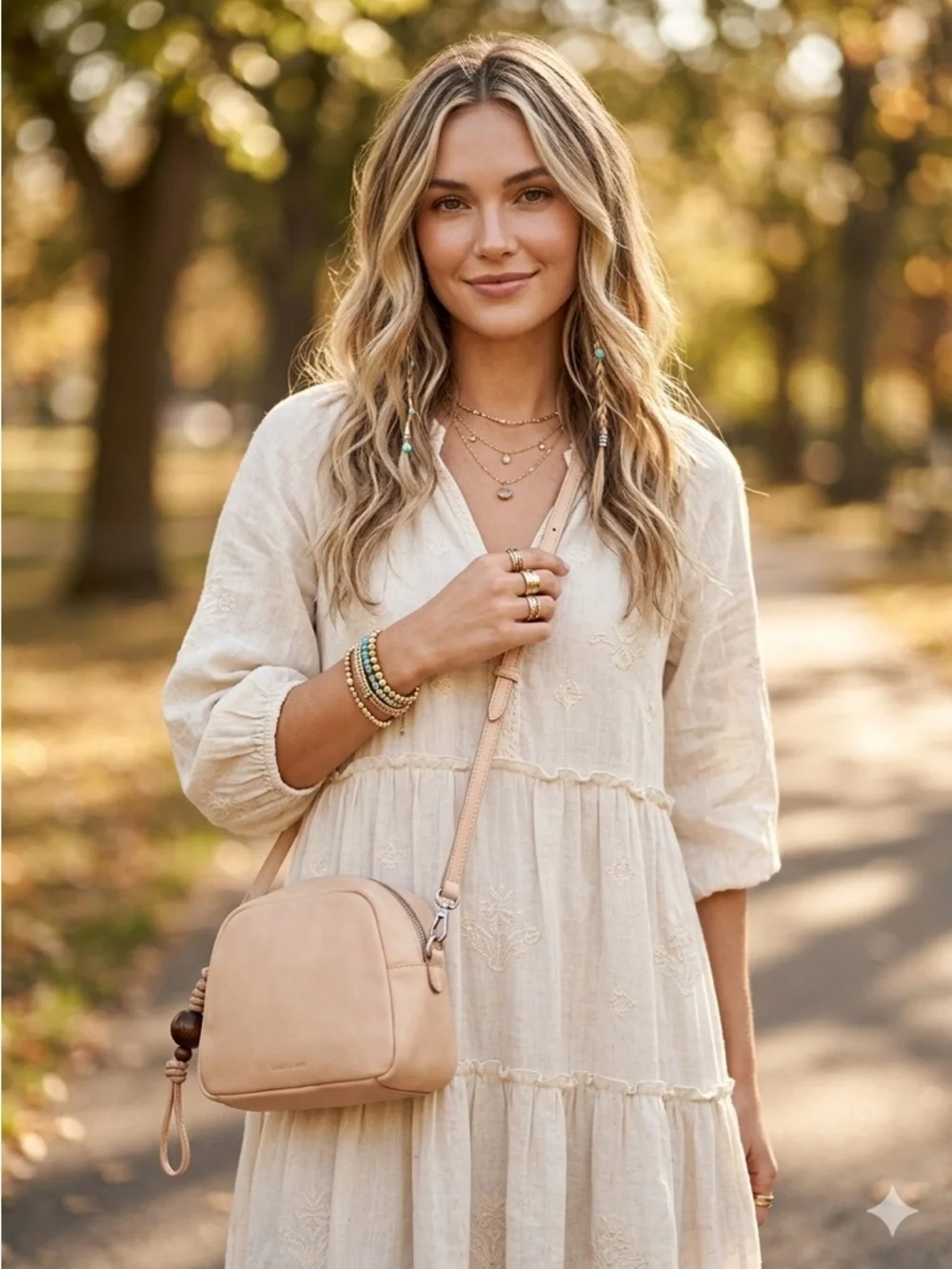 Lucky Brand Kata Genuine Leather Crossbody Bag Dusty Sand with Beaded Tassel